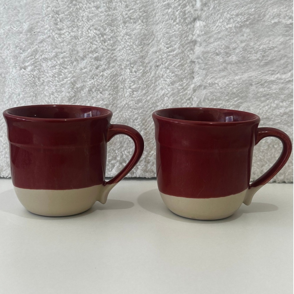 Emile Henry France 8714 Ceramic Coffee Mugs Two Tone Burgundy Red Cream Set of 2